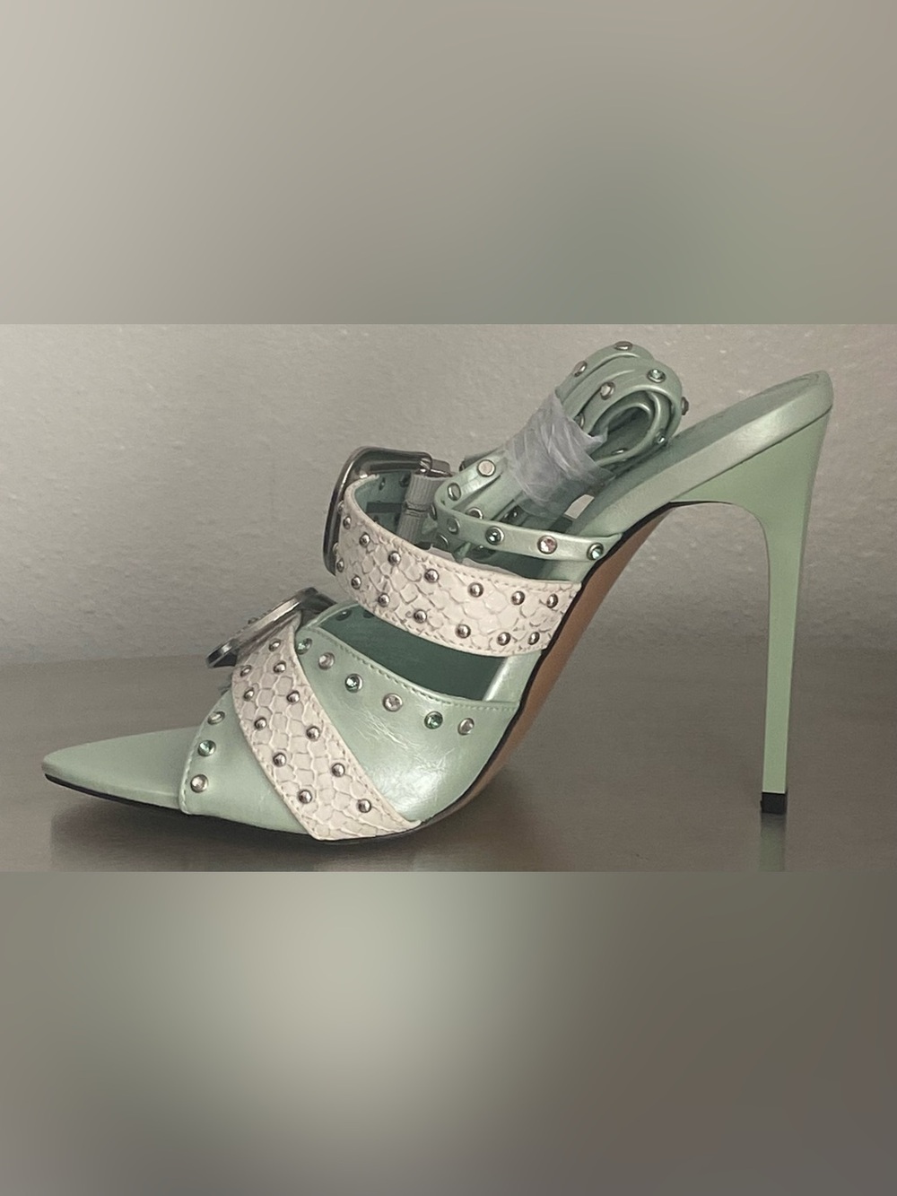 NEW STEVE MADDEN STUDDED METAL BUCKLE ANKLE WRAP STILETTOS IN MINT - Picture 5 of 15